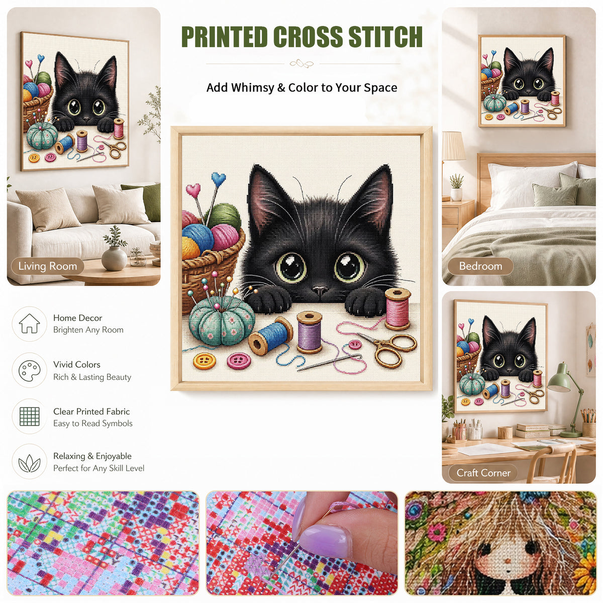 Cat And Sewing Supplies - Full 11CT Stamped Cross Stitch 40x40CM - Yishu