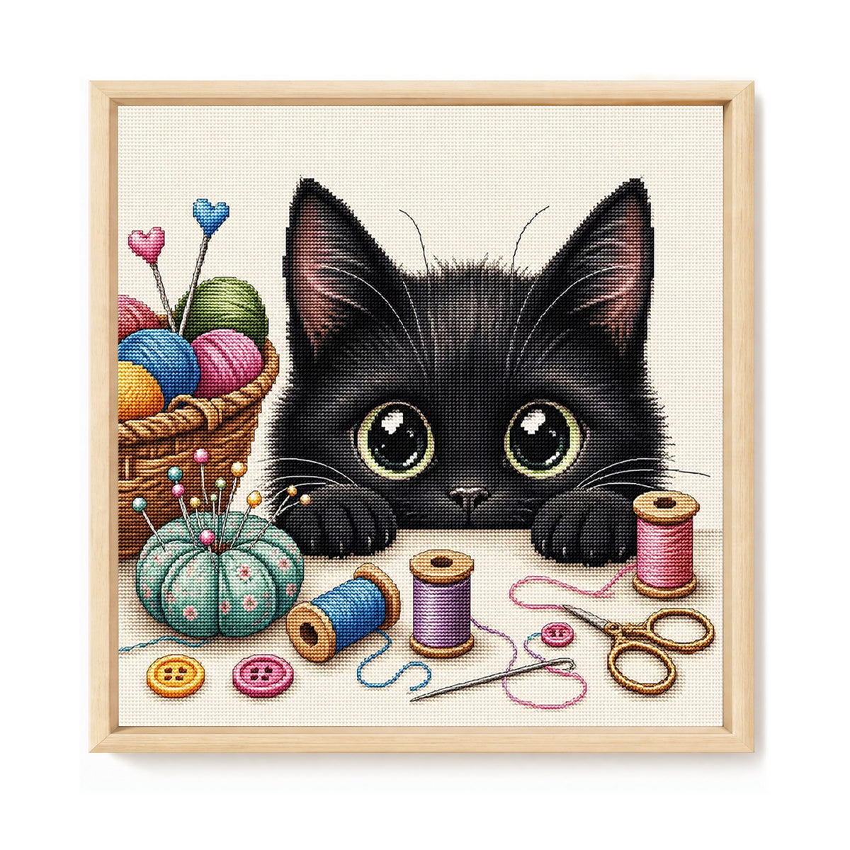 Cat And Sewing Supplies - Full 11CT Stamped Cross Stitch 40x40CM - Yishu