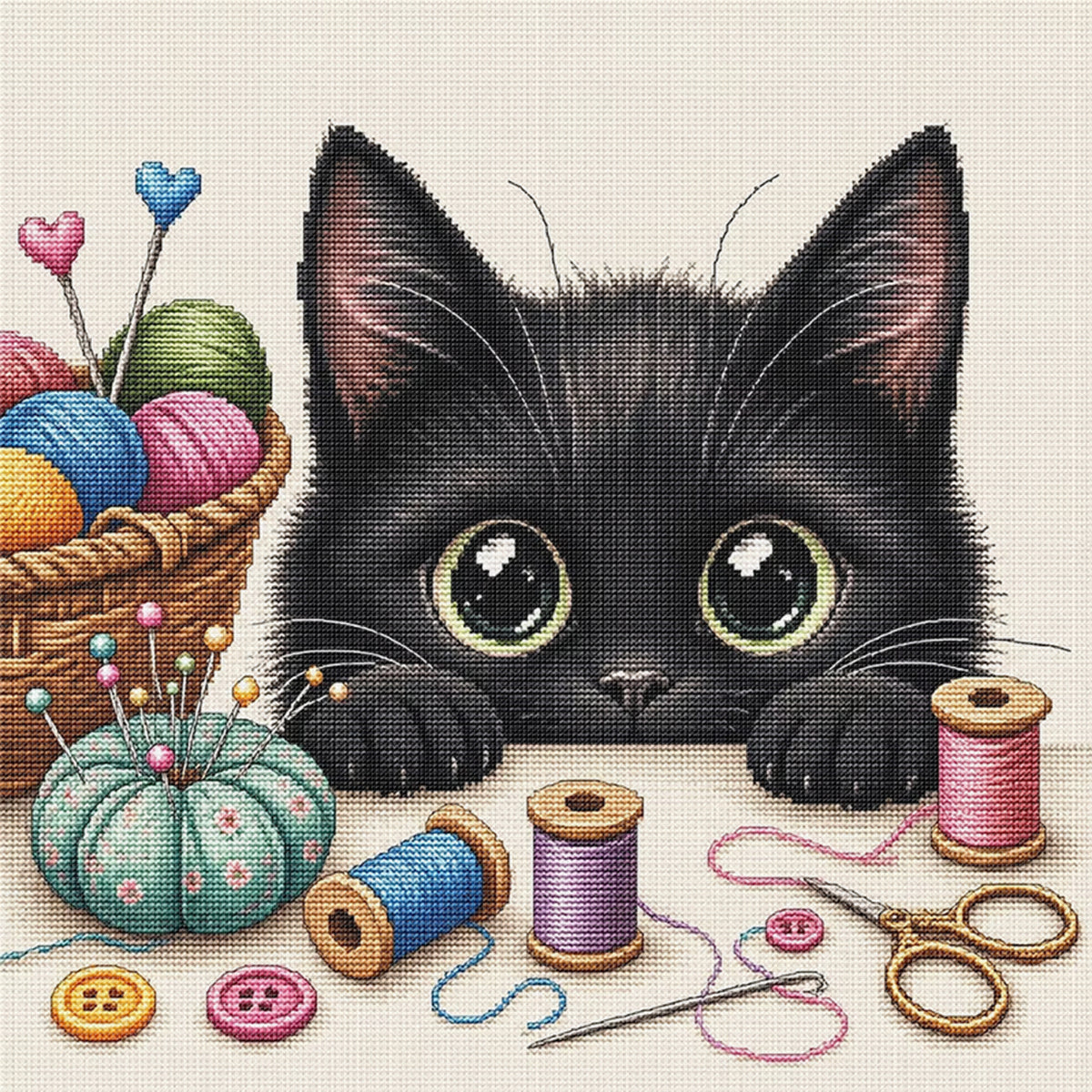 Cat And Sewing Supplies - Full 11CT Stamped Cross Stitch 40x40CM - Yishu