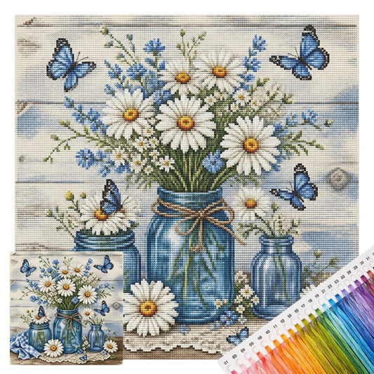 Gänseblümchen in einer Glasflasche – Vollständiges 11CT Stempel-Kreuzstich-Set 45x45CM – Yishu