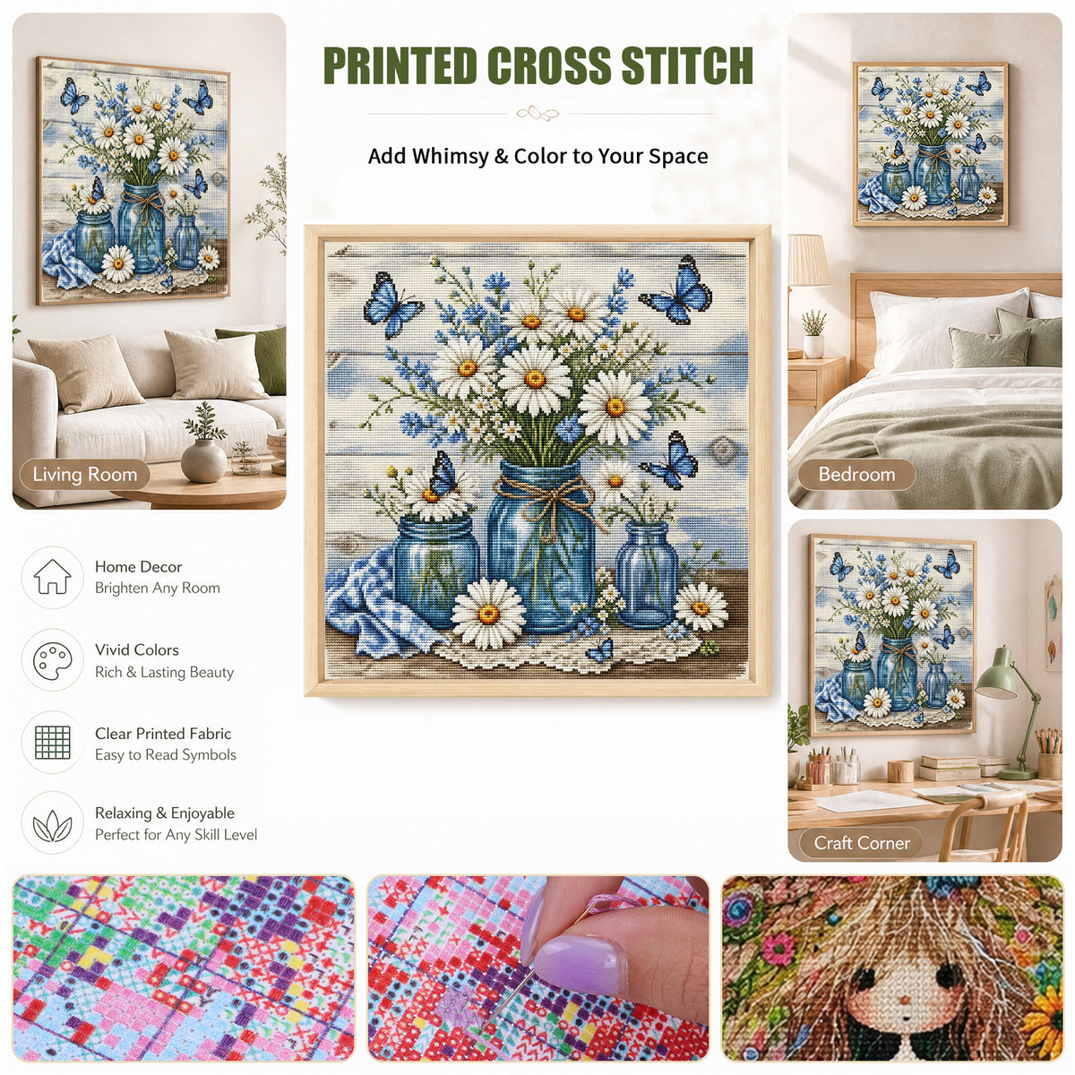 Gänseblümchen in einer Glasflasche – Vollständiges 11CT Stempel-Kreuzstich-Set 45x45CM – Yishu