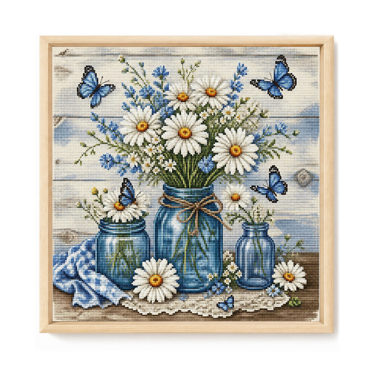 Gänseblümchen in einer Glasflasche – Vollständiges 11CT Stempel-Kreuzstich-Set 45x45CM – Yishu