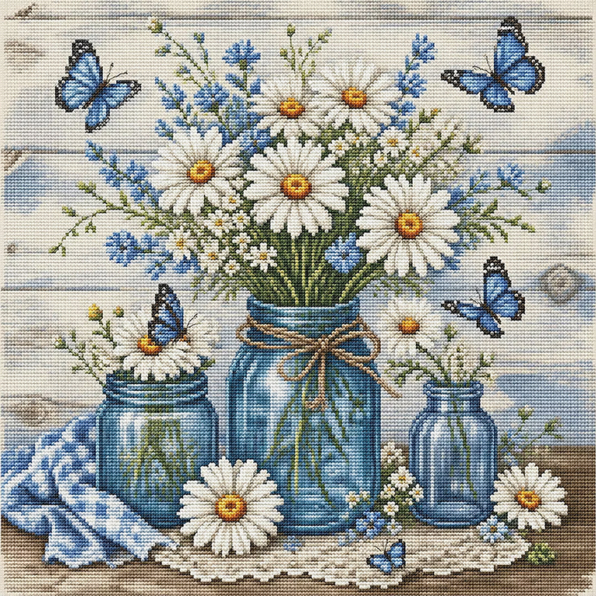 Gänseblümchen in einer Glasflasche – Vollständiges 11CT Stempel-Kreuzstich-Set 45x45CM – Yishu