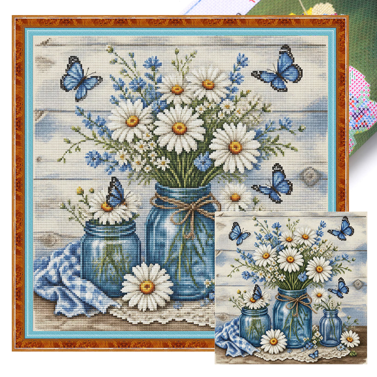 Gänseblümchen in einer Glasflasche – Vollständiges 11CT Stempel-Kreuzstich-Set 45x45CM – Yishu