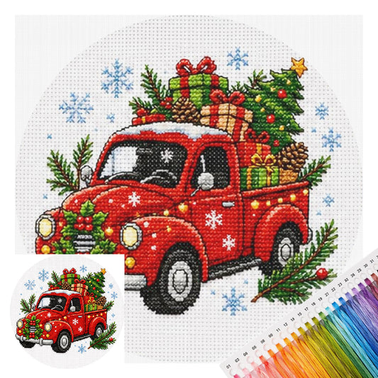 Roter LKW – Vollständiges 11CT gestempeltes Kreuzstich-Set 26x26 cm – Huacan