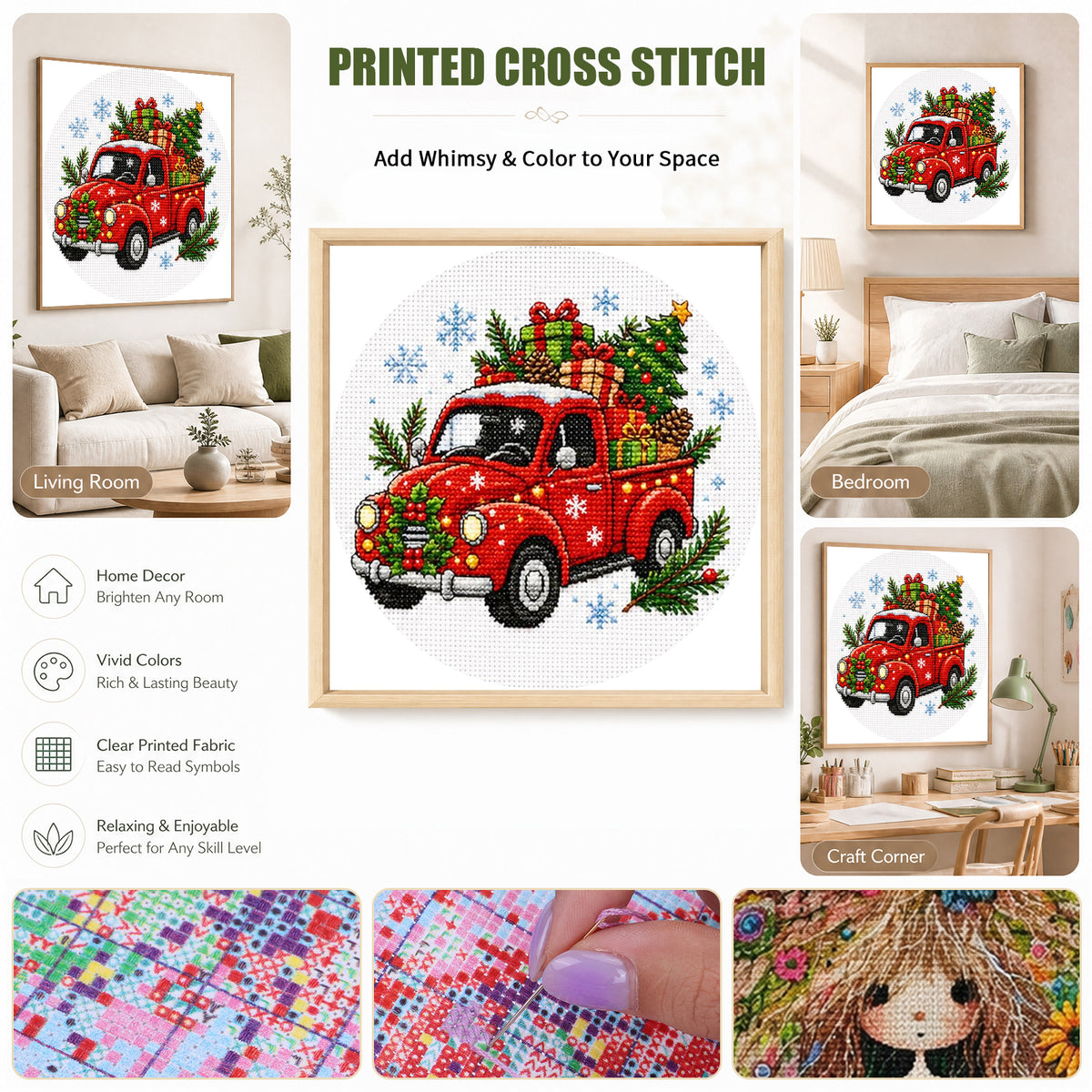 Red Truck - Full 11CT Stamped Cross Stitch 26x26CM - Huacan