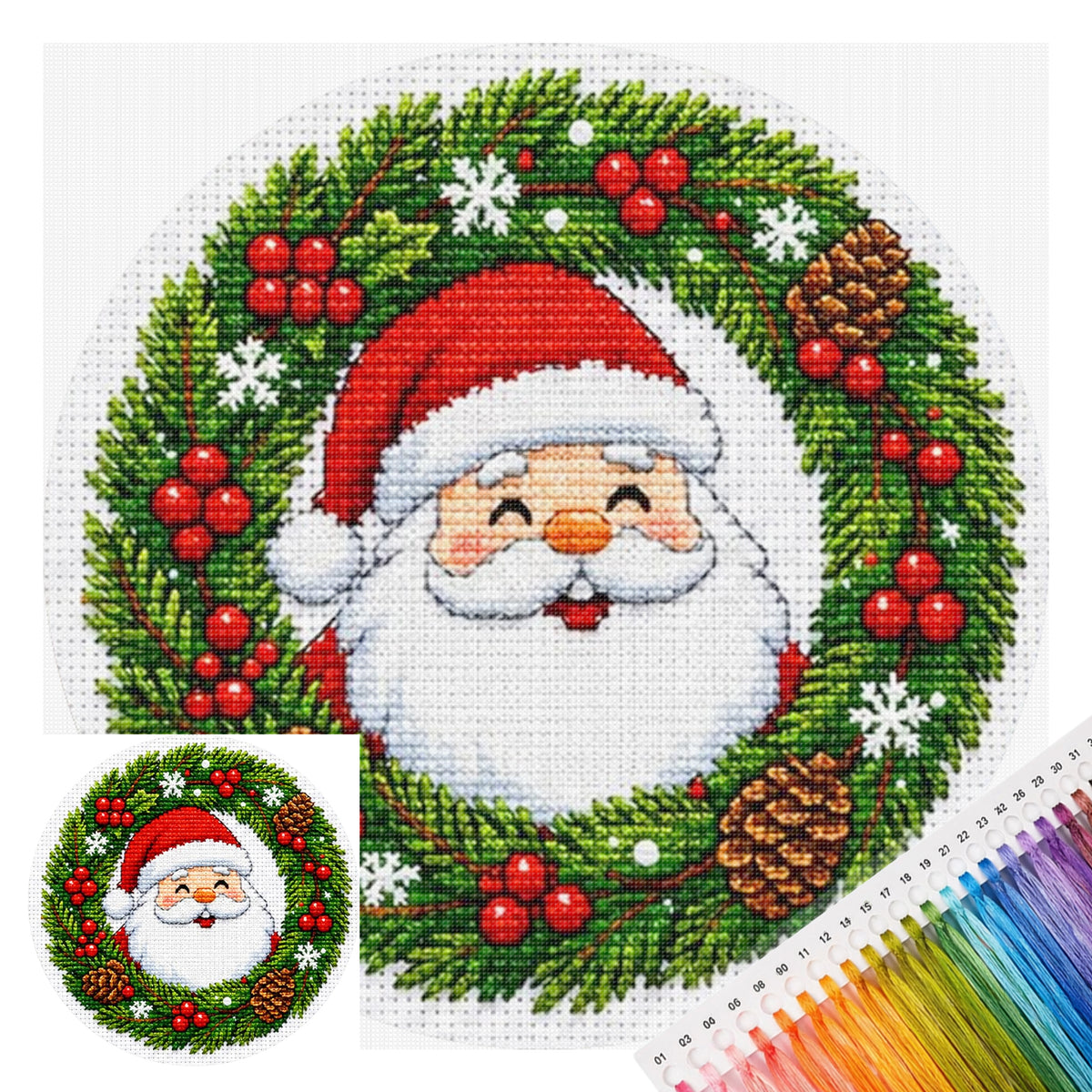 Santa Wreath - Full 11CT Stamped Cross Stitch 26x26CM - Huacan