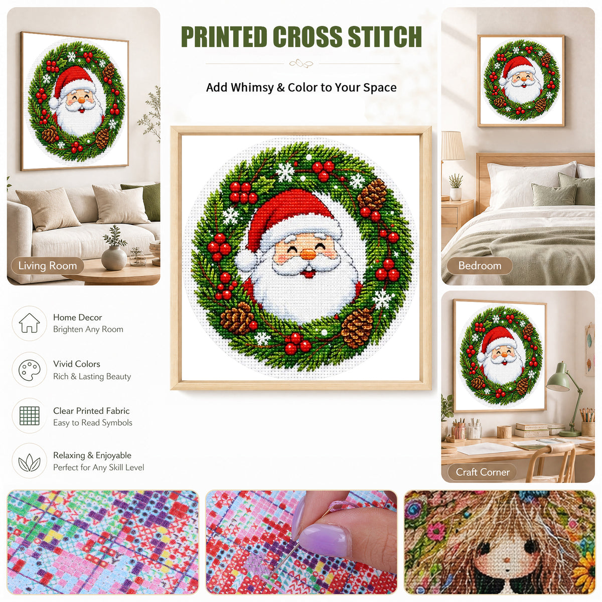 Santa Wreath - Full 11CT Stamped Cross Stitch 26x26CM - Huacan