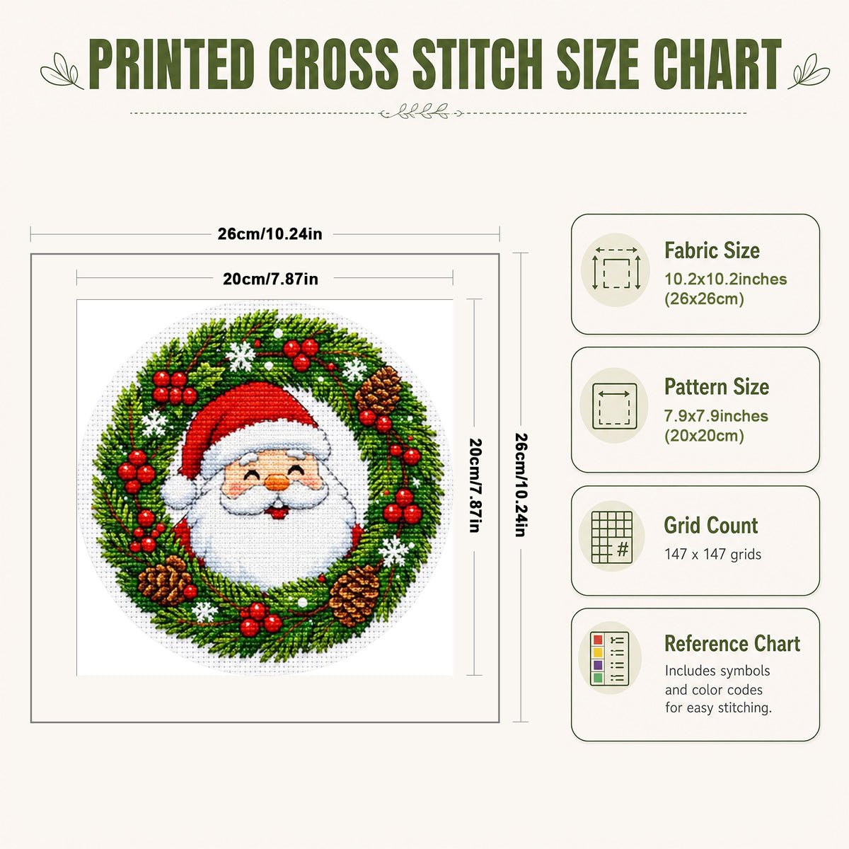 Santa Wreath - Full 11CT Stamped Cross Stitch 26x26CM - Huacan