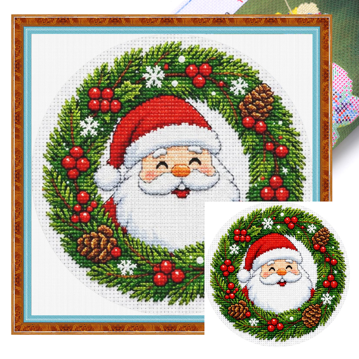 Santa Wreath - Full 11CT Stamped Cross Stitch 26x26CM - Huacan