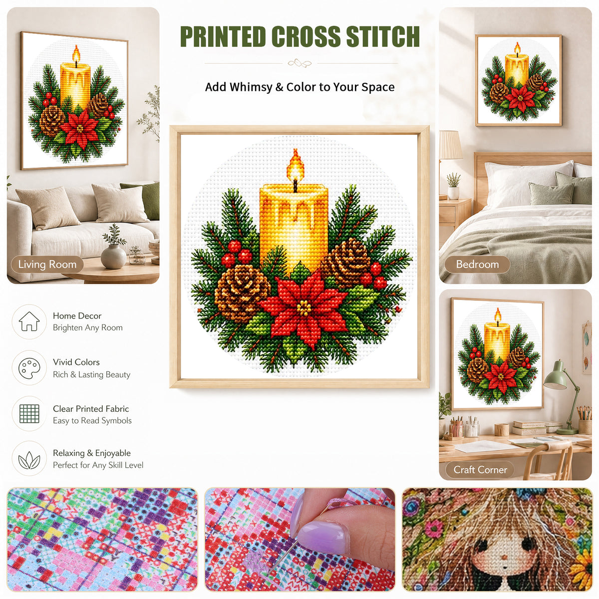 Holiday Candle - Full 11CT Stamped Cross Stitch 26x26CM - Huacan