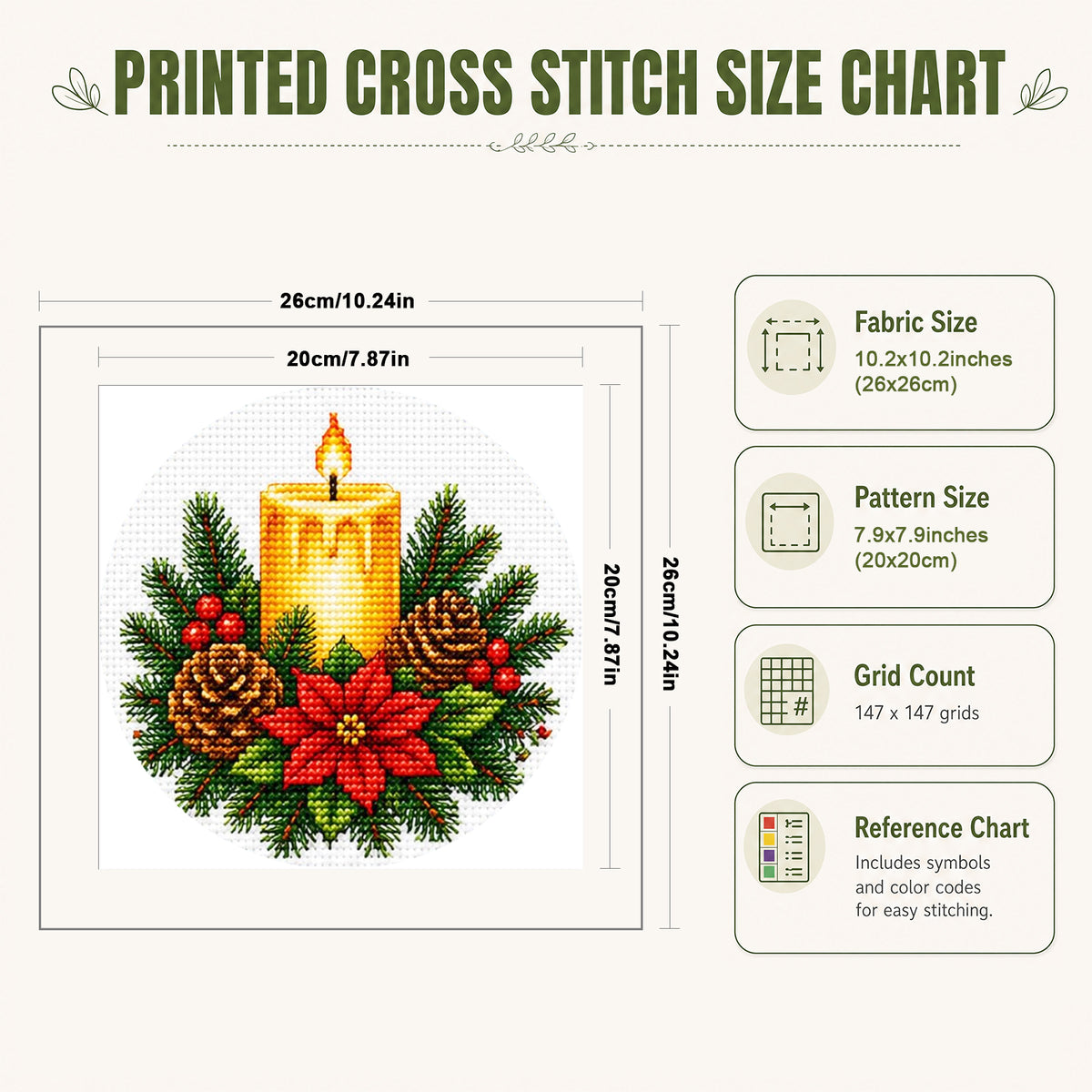 Holiday Candle - Full 11CT Stamped Cross Stitch 26x26CM - Huacan