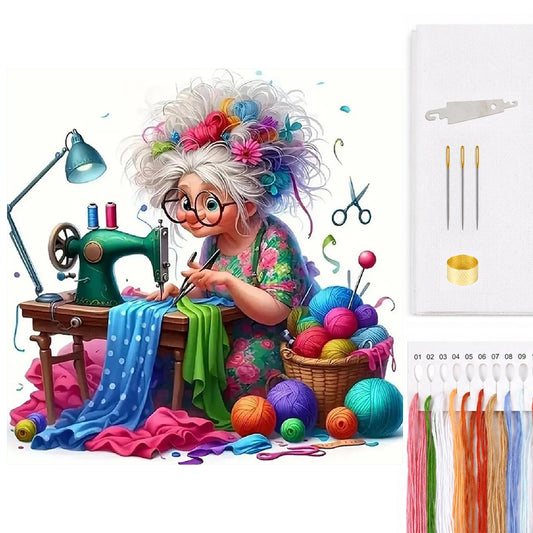 Großmutter beim Nähen – Vollständiges 14CT gezähltes Kreuzstichset 40*40CM – Yishu