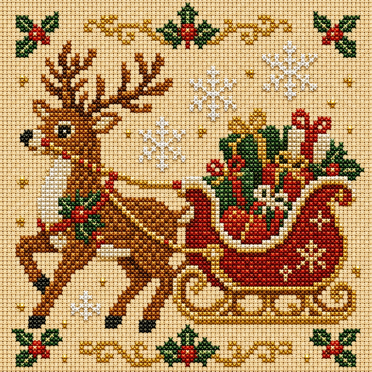 Rentierschlitten – Vollständiges 14CT gestempeltes Kreuzstichset 30x30CM – Huacan