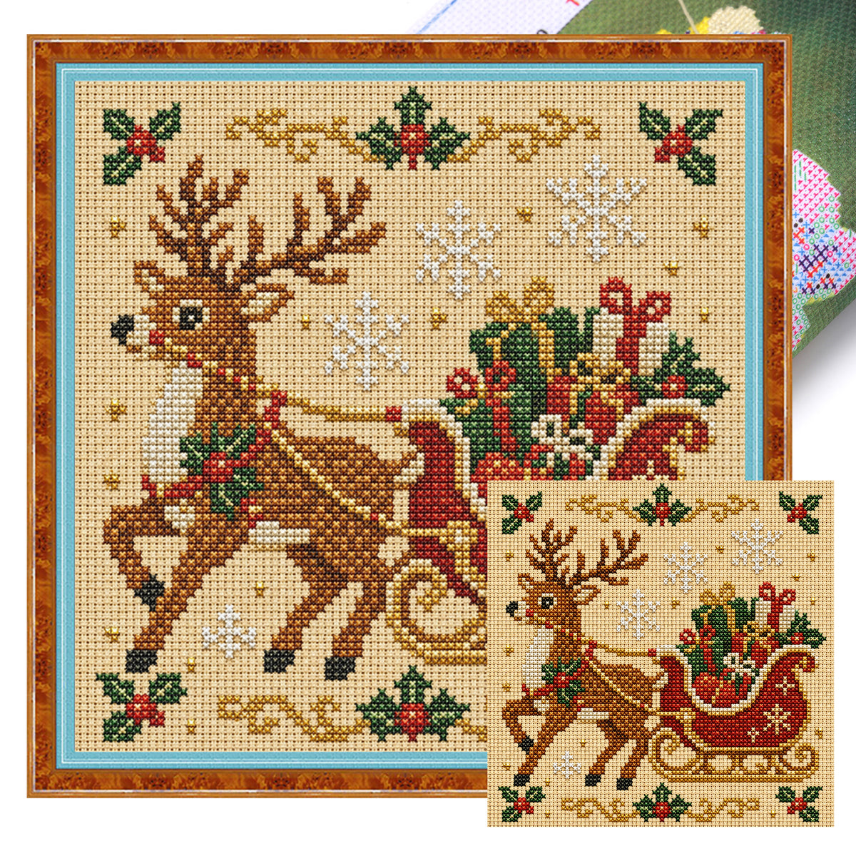Rentierschlitten – Vollständiges 14CT gestempeltes Kreuzstichset 30x30CM – Huacan