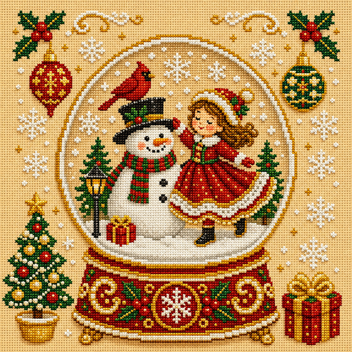 Schneekugel – Vollständiges 14CT gestempeltes Kreuzstich-Set 30x30 cm – Huacan