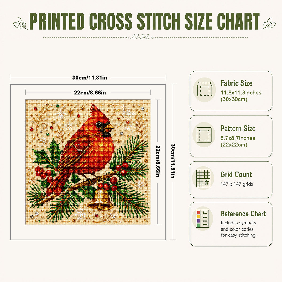 Winterfinken-Vogel – Vollständiges 14CT gestempeltes Kreuzstich-Set 30x30CM – Huacan