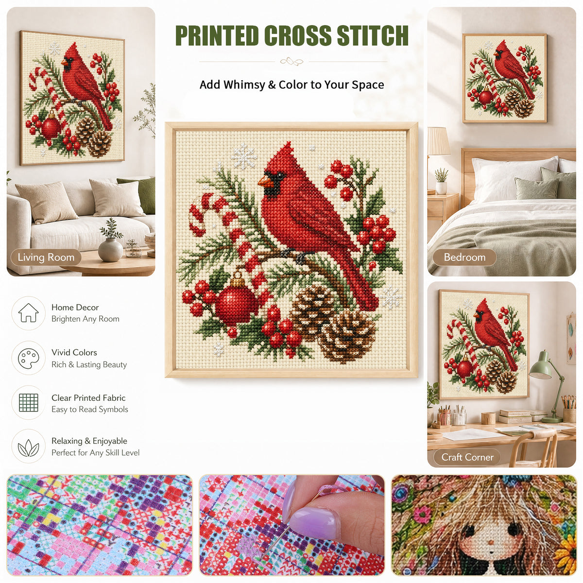 Festive Cane - Full 14CT Stamped Cross Stitch 30x30CM - Huacan