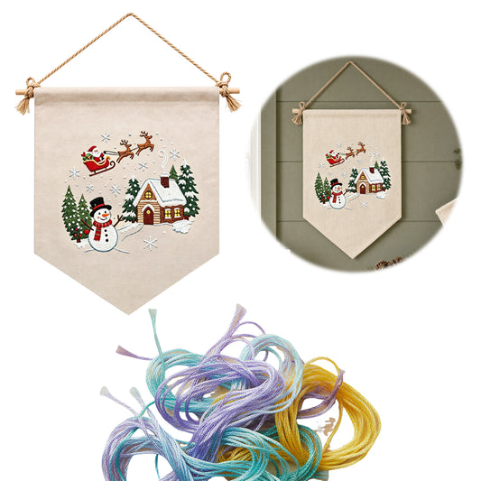 Winterdorf – DIY-Stickpackung für Kreuzstich mit Zählmuster, Baumwollgarnen, Nadeln und Stickrahmen, 35 × 25,5 cm / 13,78 × 10,04 Zoll