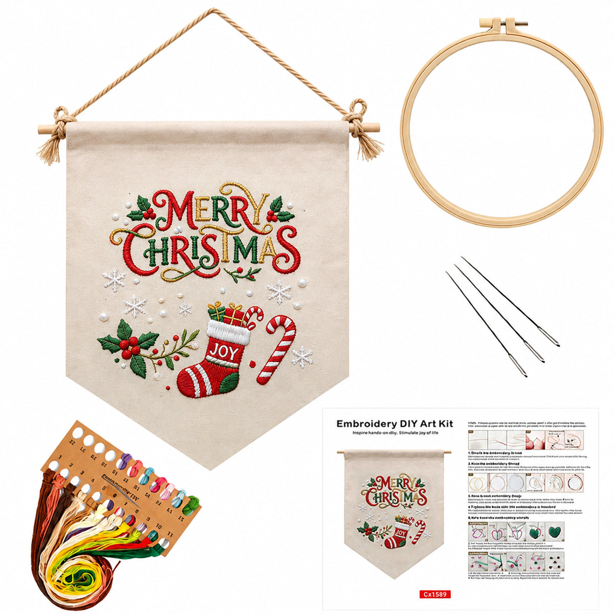 Festive Greetings - DIY Embroidery Cross Stitch Kit with Pattern Cotton Threads Needles Hoop 35×25.5CM/13.78×10.04in