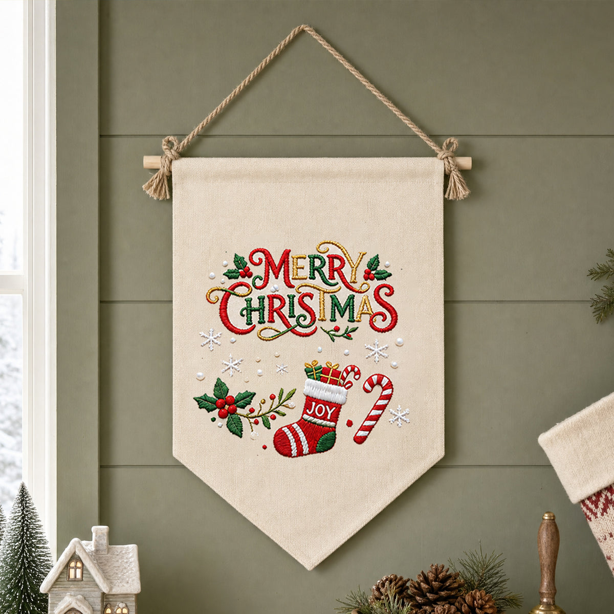 Festive Greetings - DIY Embroidery Cross Stitch Kit with Pattern Cotton Threads Needles Hoop 35×25.5CM/13.78×10.04in