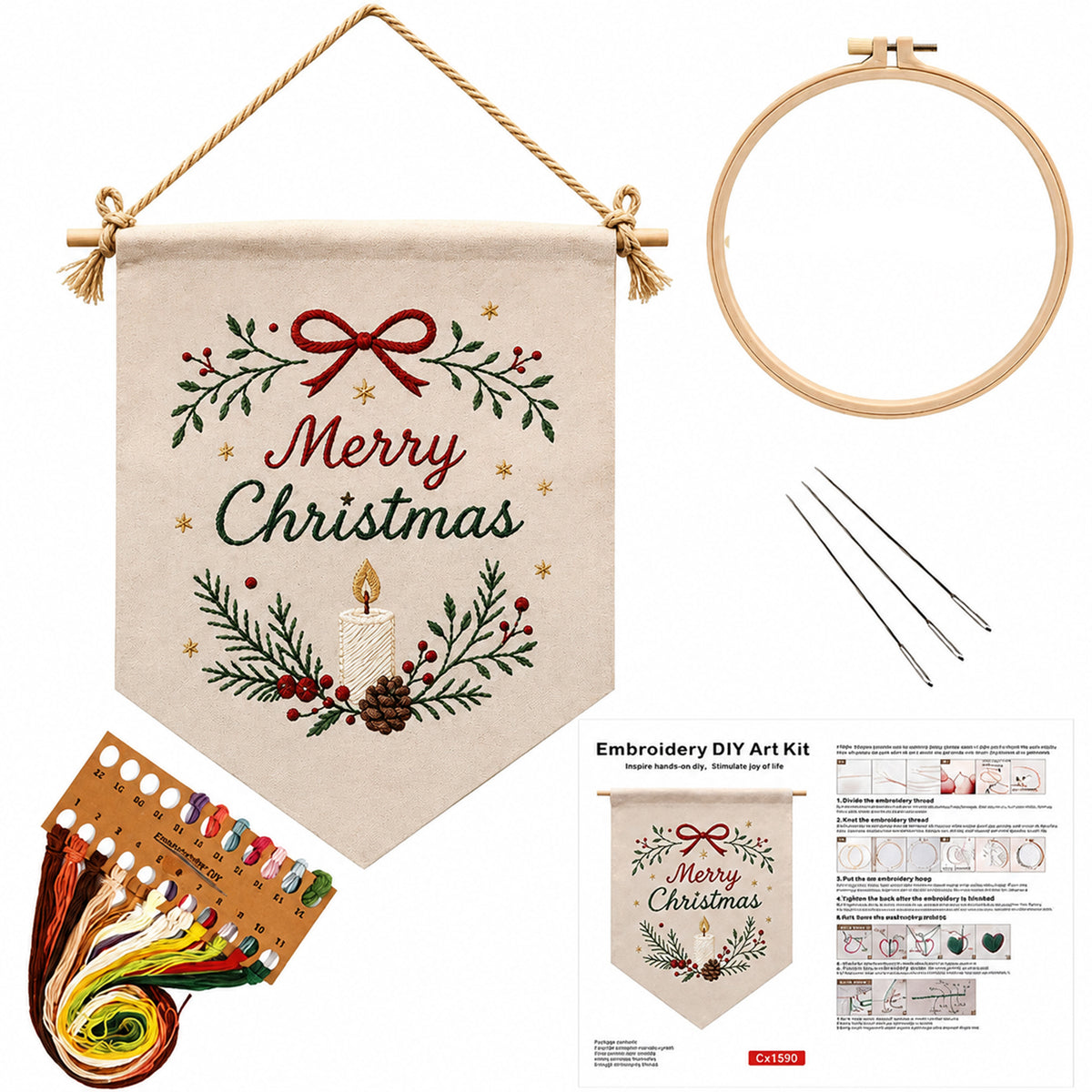 Candle Noel - DIY Embroidery Cross Stitch Kit with Pattern Cotton Threads Needles Hoop 35×25.5CM/13.78×10.04in
