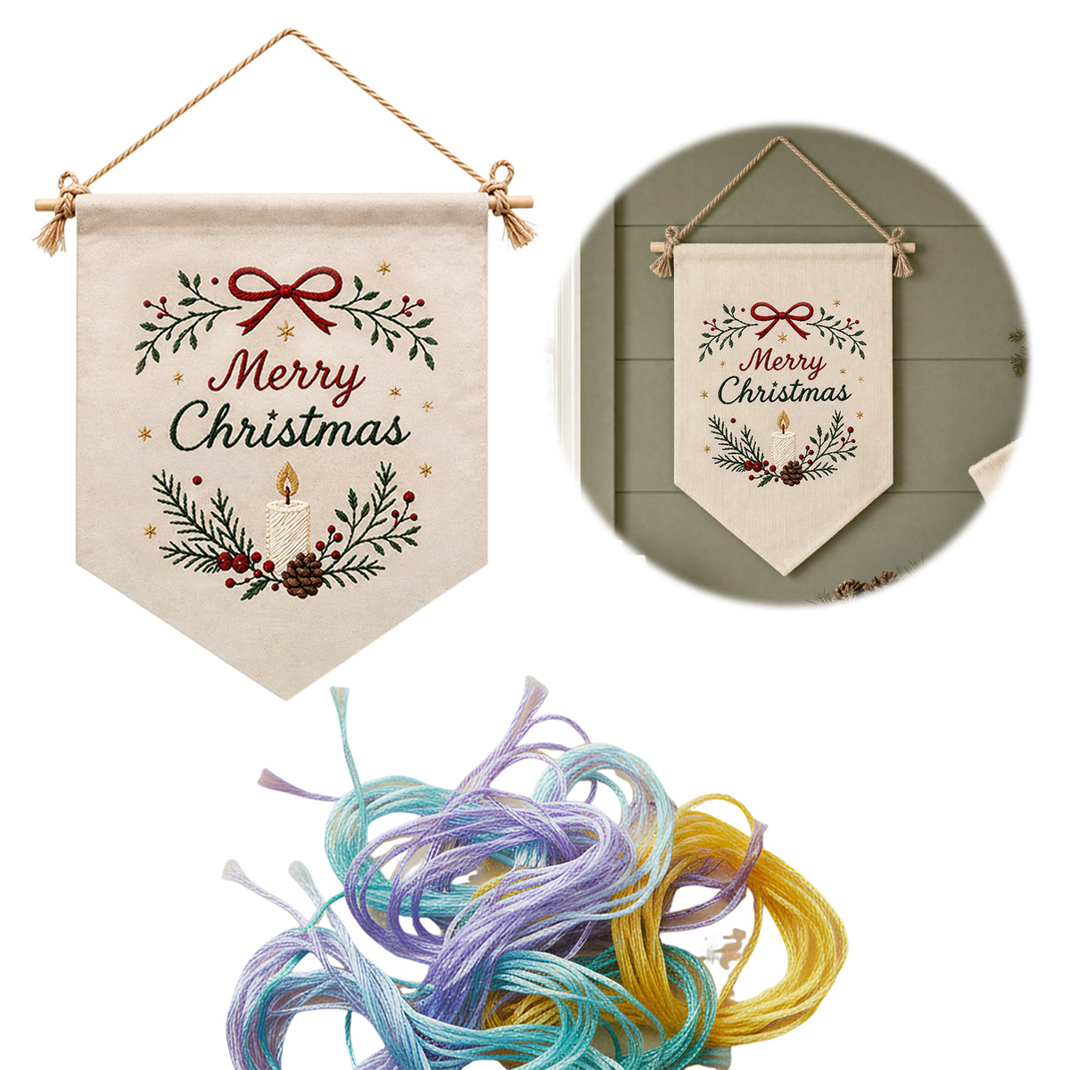 Candle Noel - DIY Embroidery Cross Stitch Kit with Pattern Cotton Threads Needles Hoop 35×25.5CM/13.78×10.04in