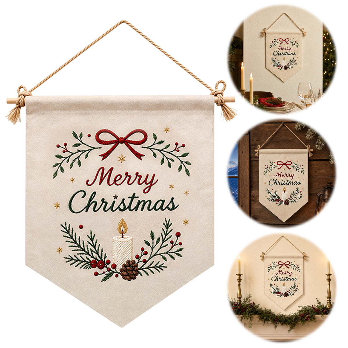 Candle Noel - DIY Embroidery Cross Stitch Kit with Pattern Cotton Threads Needles Hoop 35×25.5CM/13.78×10.04in