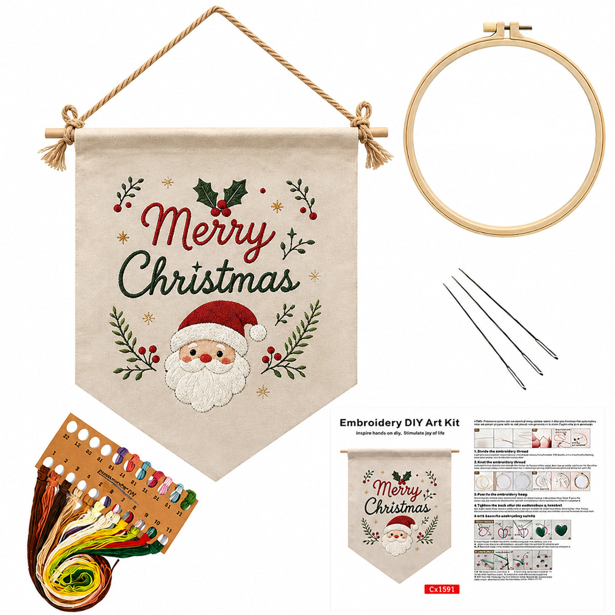 Santa Portrait - DIY Embroidery Cross Stitch Kit with Pattern Cotton Threads Needles Hoop 35×25.5CM/13.78×10.04in