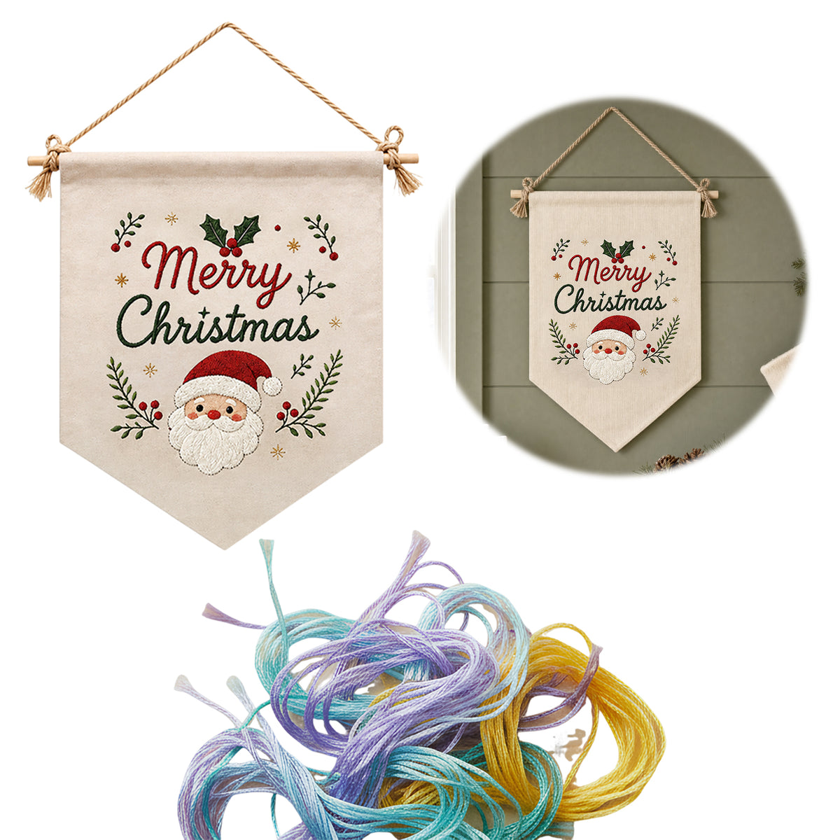 Santa Portrait - DIY Embroidery Cross Stitch Kit with Pattern Cotton Threads Needles Hoop 35×25.5CM/13.78×10.04in