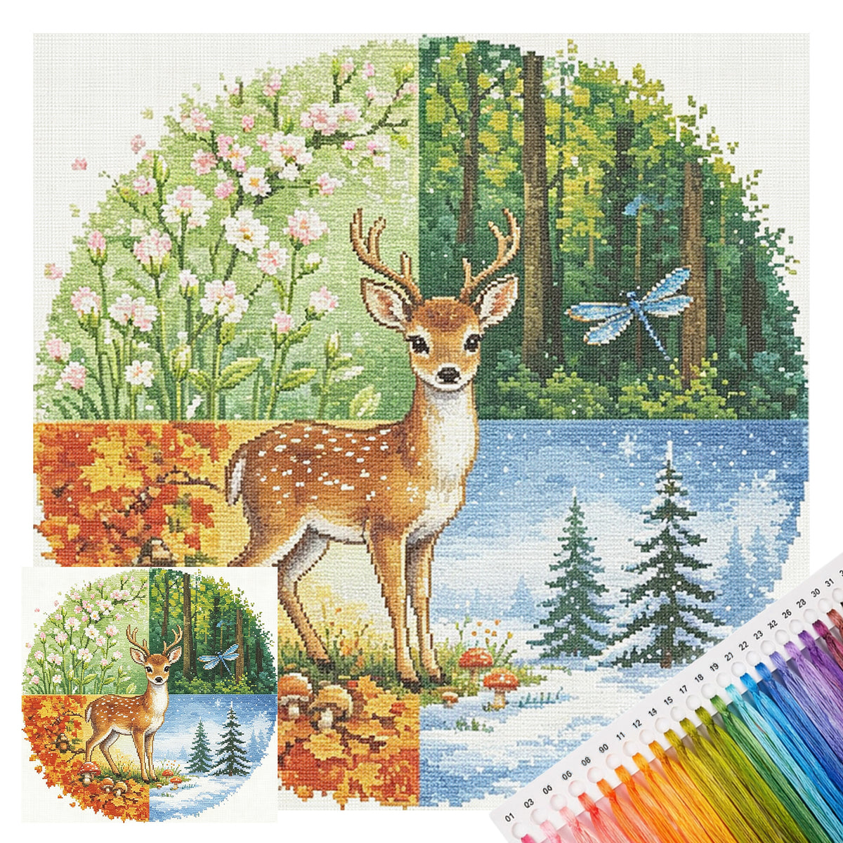Hirsch-Jahreszeiten – Vollständiges 11CT gestempeltes Kreuzstich-Set 45x45 cm – Huacan