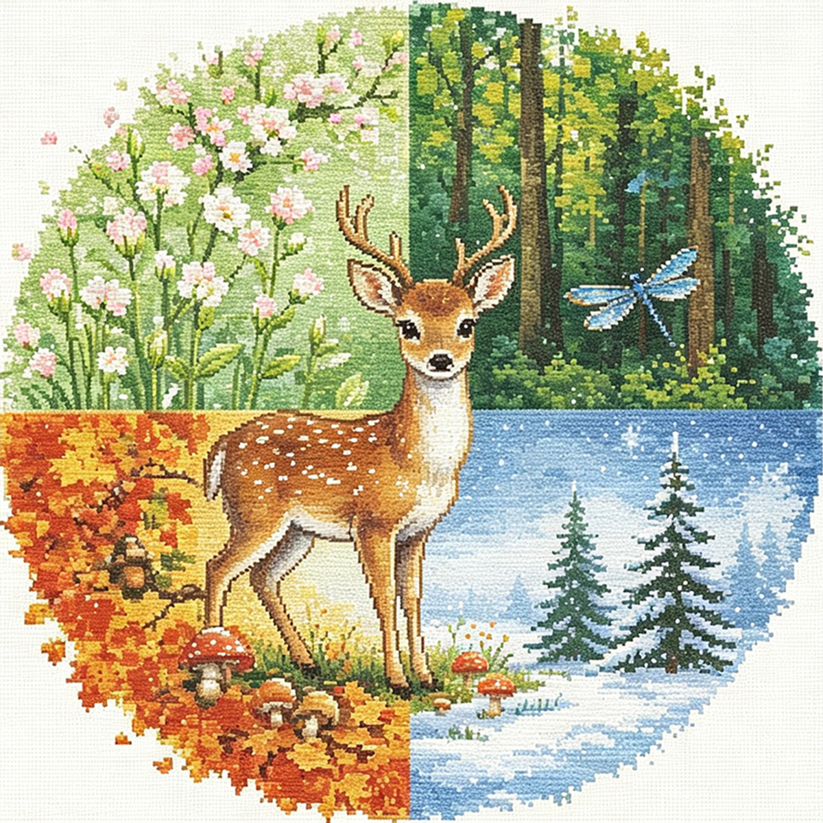 Hirsch-Jahreszeiten – Vollständiges 11CT gestempeltes Kreuzstich-Set 45x45 cm – Huacan