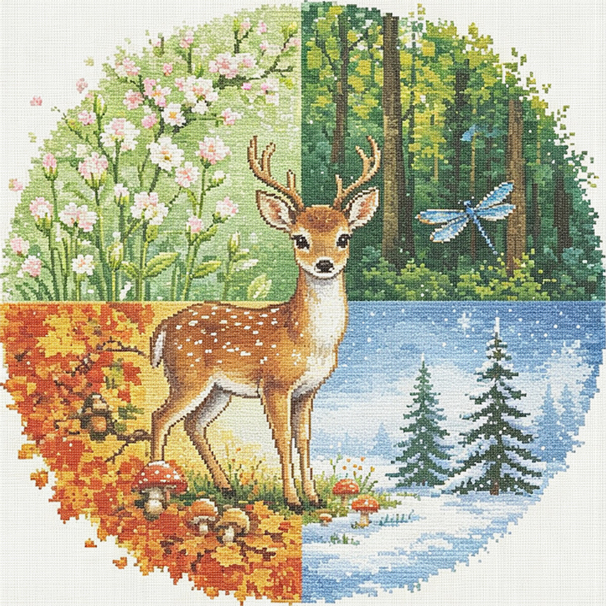 Hirsch-Jahreszeiten – Vollständiges 11CT gestempeltes Kreuzstich-Set 45x45 cm – Huacan