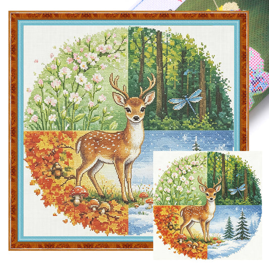 Hirsch-Jahreszeiten – Vollständiges 11CT gestempeltes Kreuzstich-Set 45x45 cm – Huacan