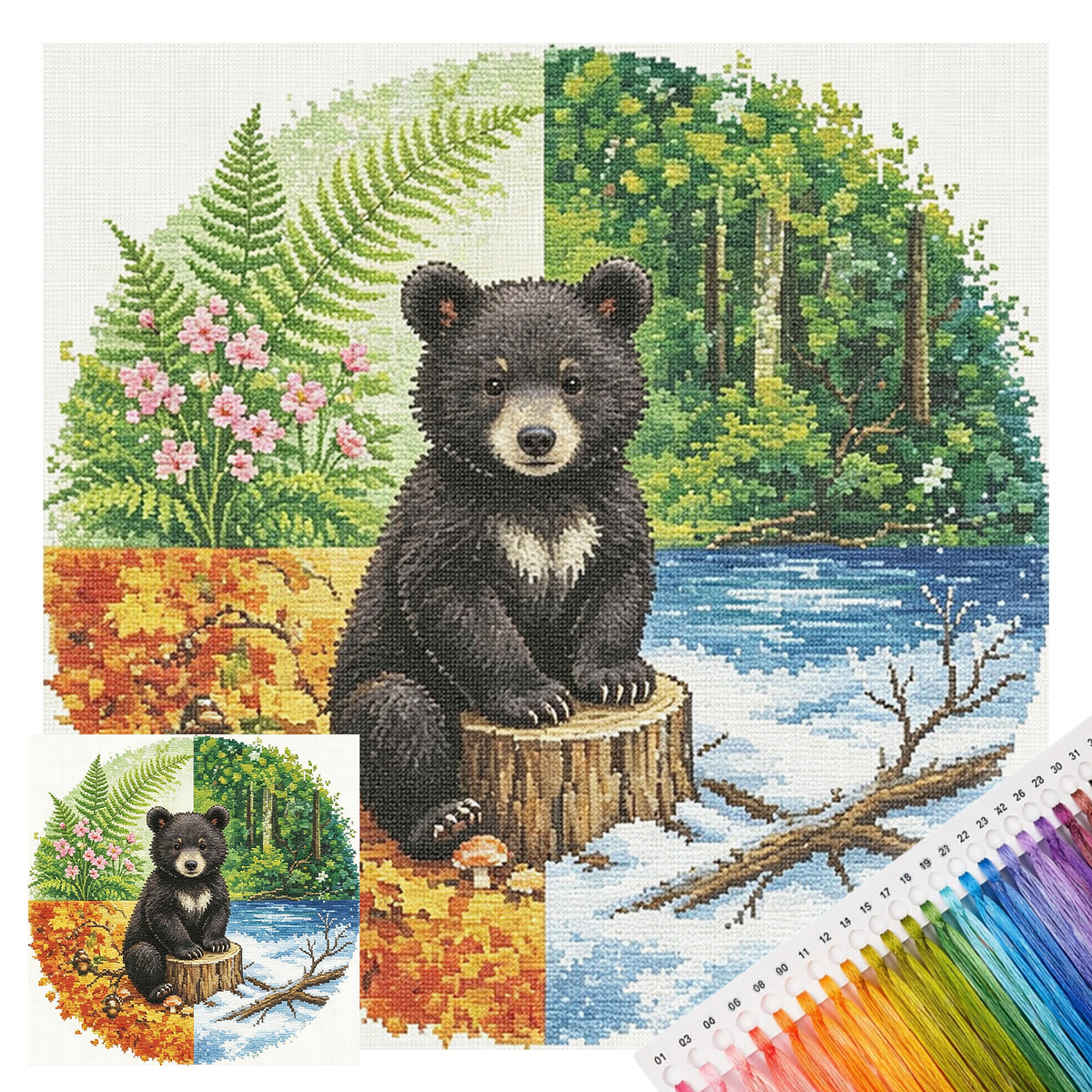 Bären-Jahreszeiten – Vollständiges 11CT gestempeltes Kreuzstich-Set 45x45CM – Huacan