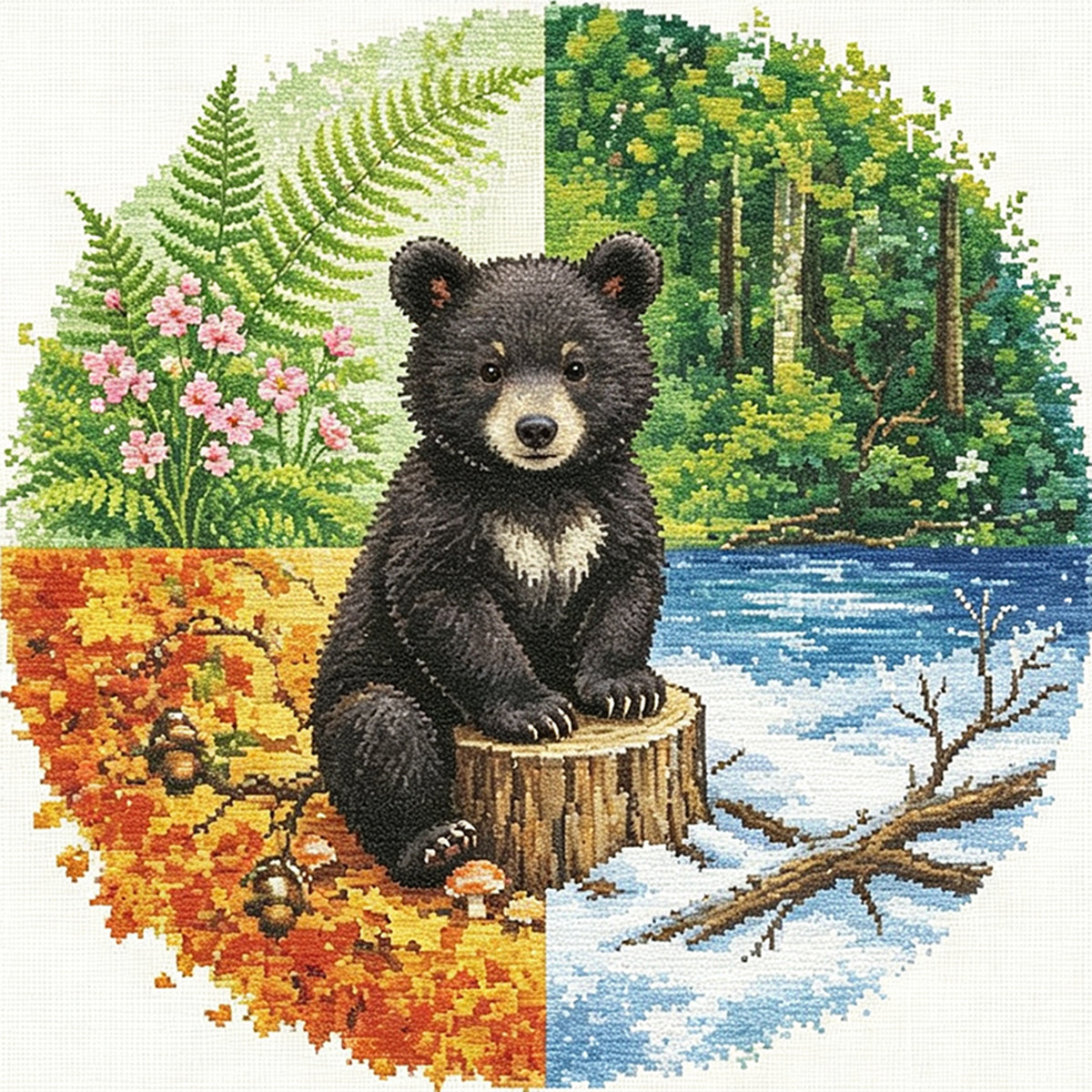 Bären-Jahreszeiten – Vollständiges 11CT gestempeltes Kreuzstich-Set 45x45CM – Huacan
