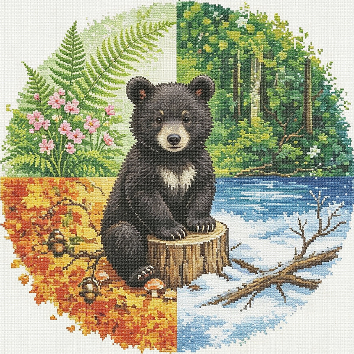 Bären-Jahreszeiten – Vollständiges 11CT gestempeltes Kreuzstich-Set 45x45CM – Huacan