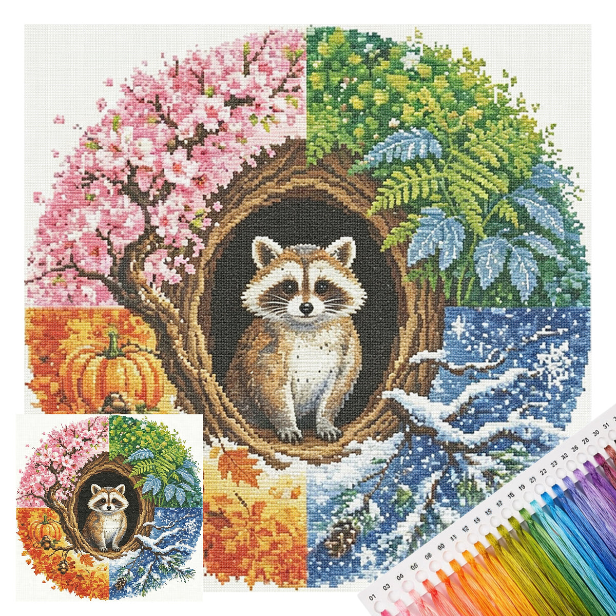 Waschbären-Jahreszeiten – Komplettes 11CT Stempel-Kreuzstich-Set 45x45 cm – Huacan