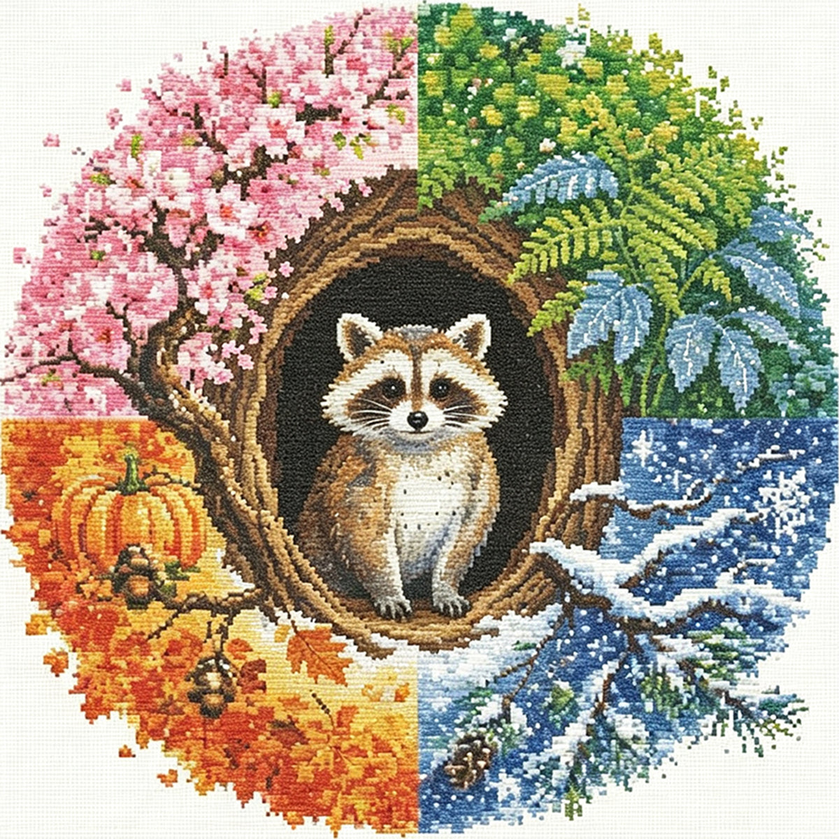 Waschbären-Jahreszeiten – Komplettes 11CT Stempel-Kreuzstich-Set 45x45 cm – Huacan