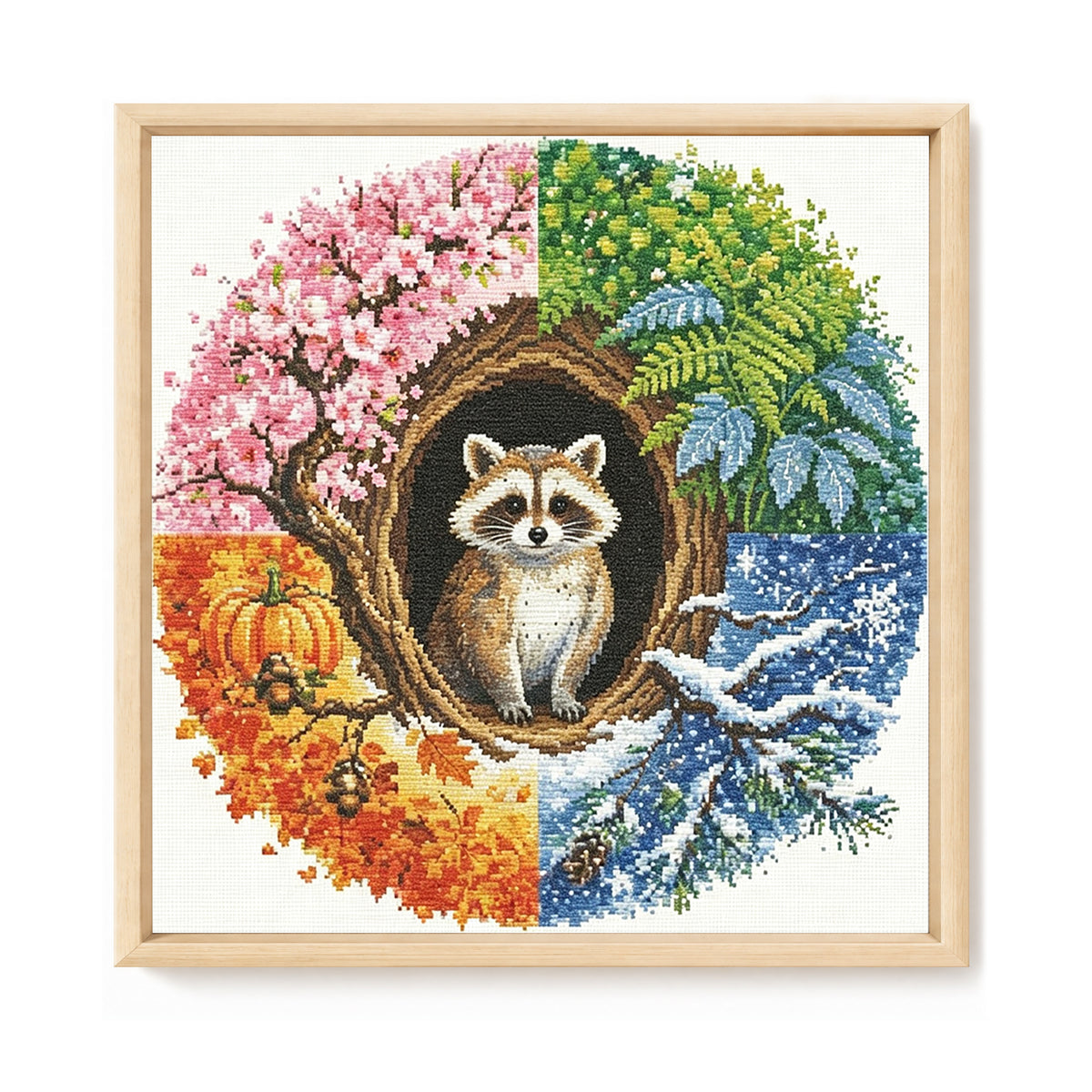 Waschbären-Jahreszeiten – Komplettes 11CT Stempel-Kreuzstich-Set 45x45 cm – Huacan