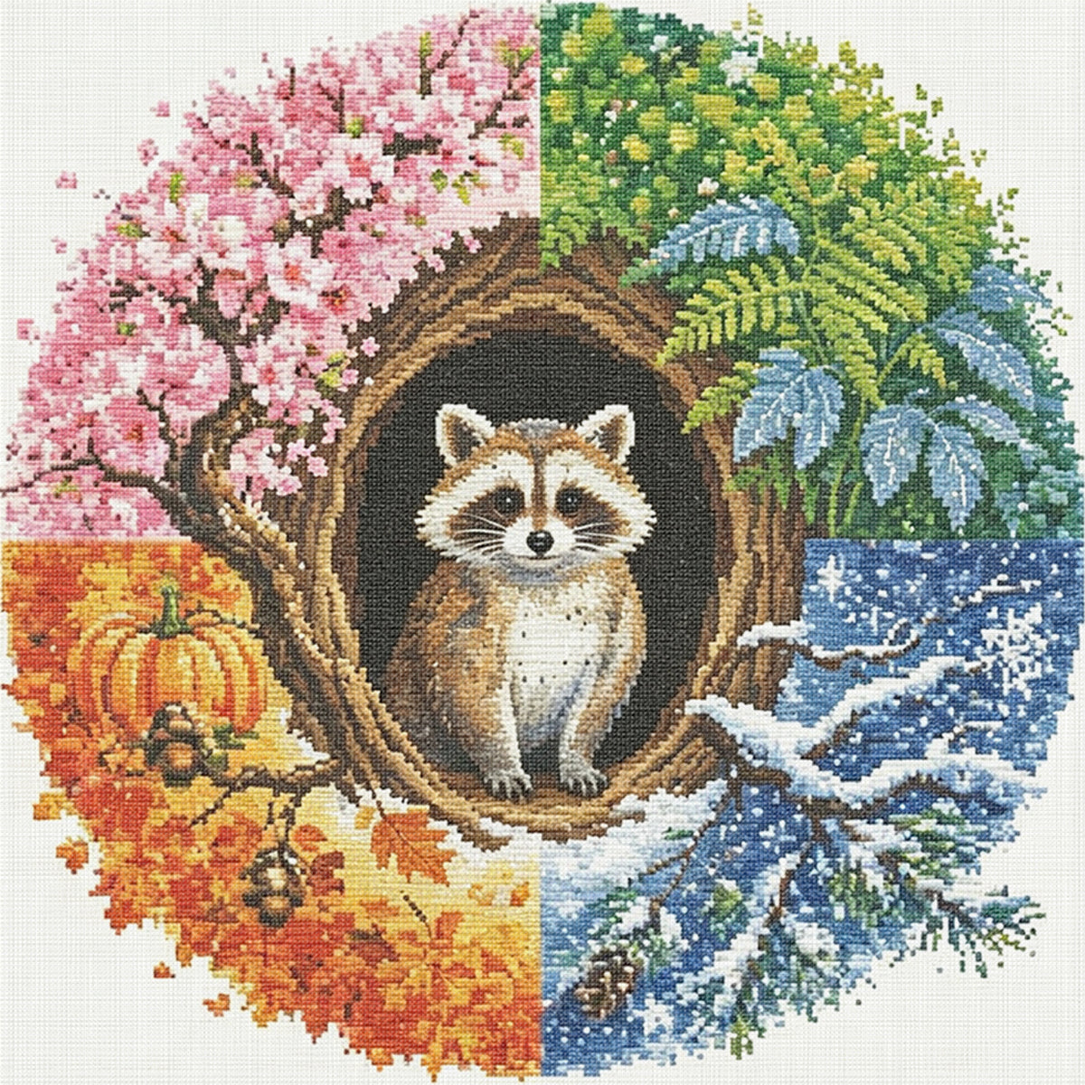 Waschbären-Jahreszeiten – Komplettes 11CT Stempel-Kreuzstich-Set 45x45 cm – Huacan
