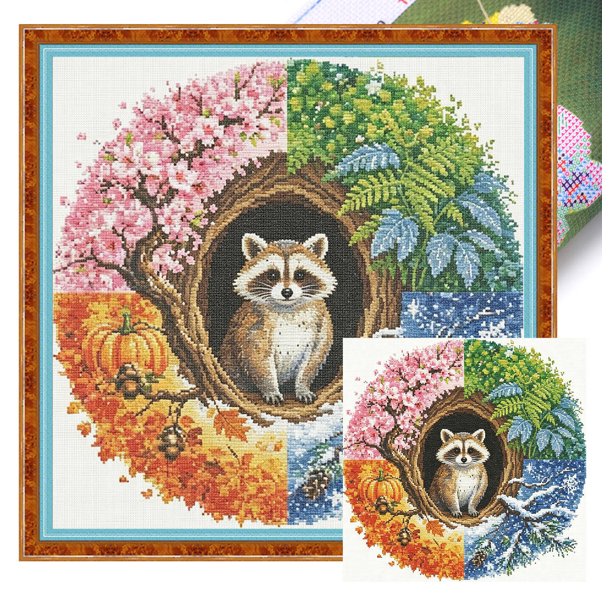 Waschbären-Jahreszeiten – Komplettes 11CT Stempel-Kreuzstich-Set 45x45 cm – Huacan