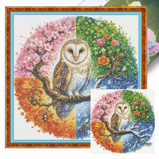 Eulen-Jahreszeiten - Vollständiges 11CT gestempeltes Kreuzstich-Set 45x45CM - Huacan