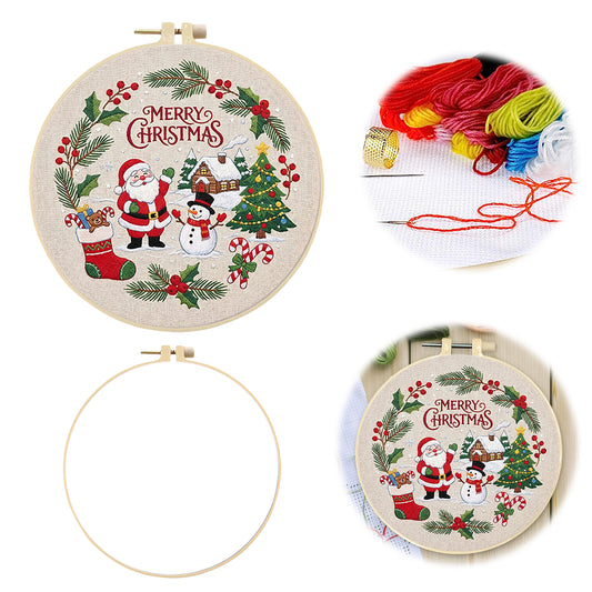 Weihnachten A – DIY-Stickset Kreuzstich mit Muster, Baumwollgarnen, Nadeln und Stickrahmen, 30 × 30 cm / 11,81 × 11,81 Zoll