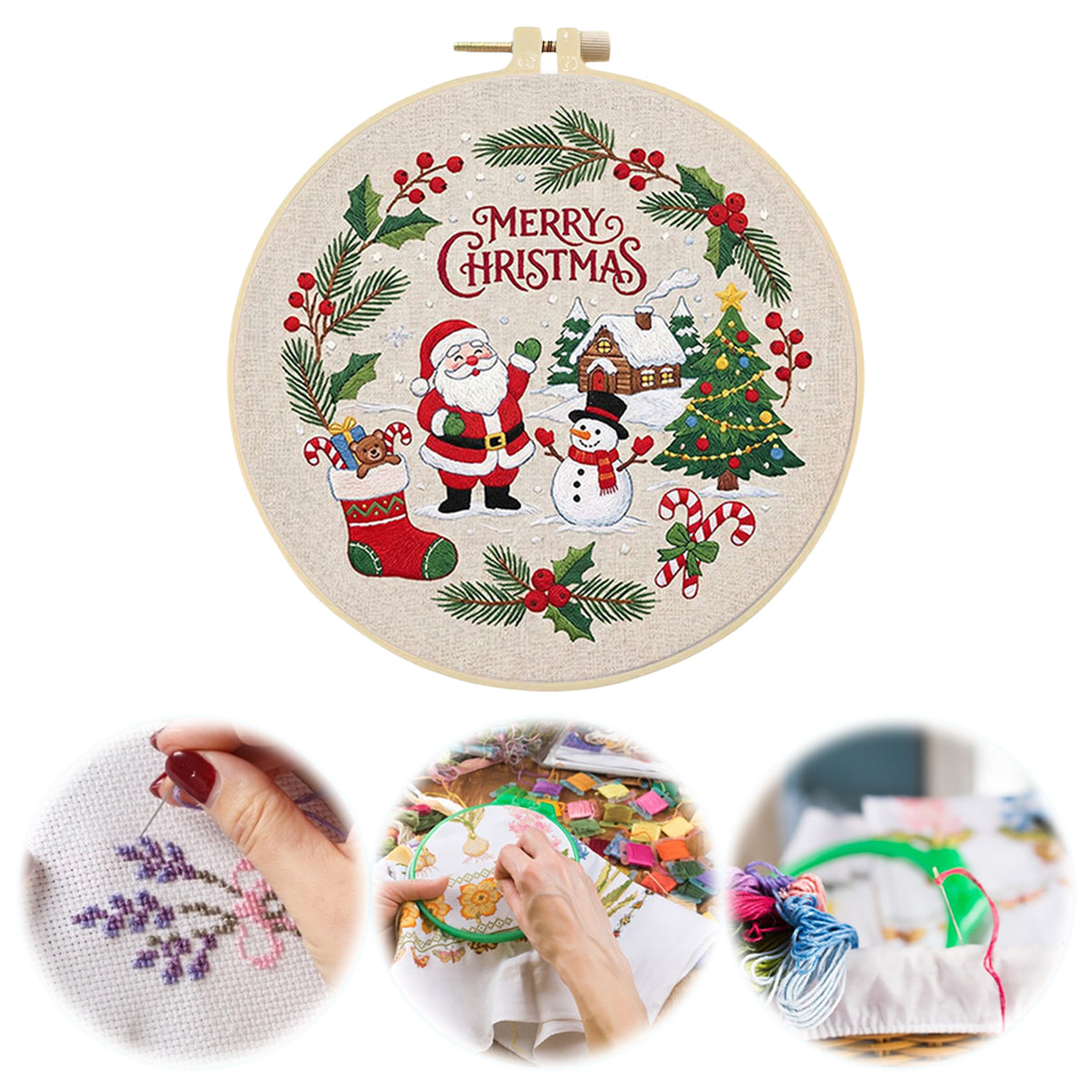 Christmas A - DIY Embroidery Cross Stitch Kit with Pattern Cotton Threads Needles Hoop 30×30CM/11.81×11.81in