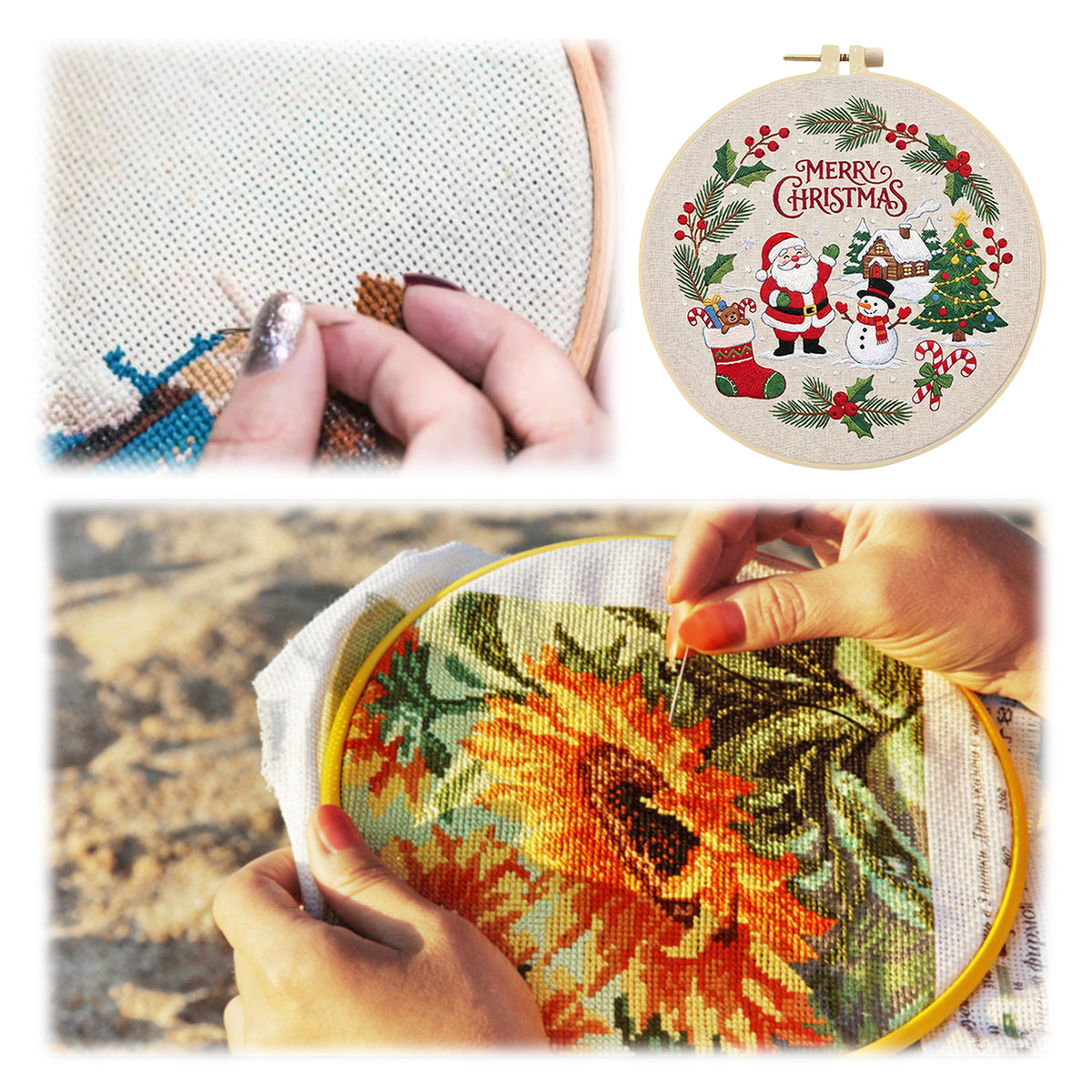 Christmas A - DIY Embroidery Cross Stitch Kit with Pattern Cotton Threads Needles Hoop 30×30CM/11.81×11.81in