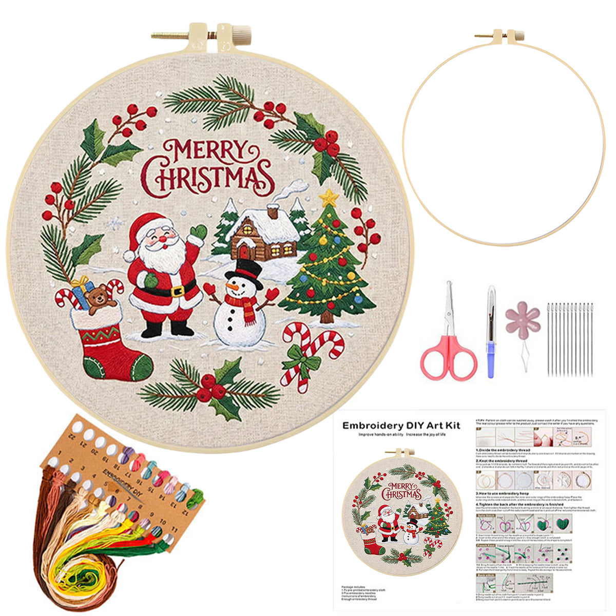Christmas A - DIY Embroidery Cross Stitch Kit with Pattern Cotton Threads Needles Hoop 30×30CM/11.81×11.81in