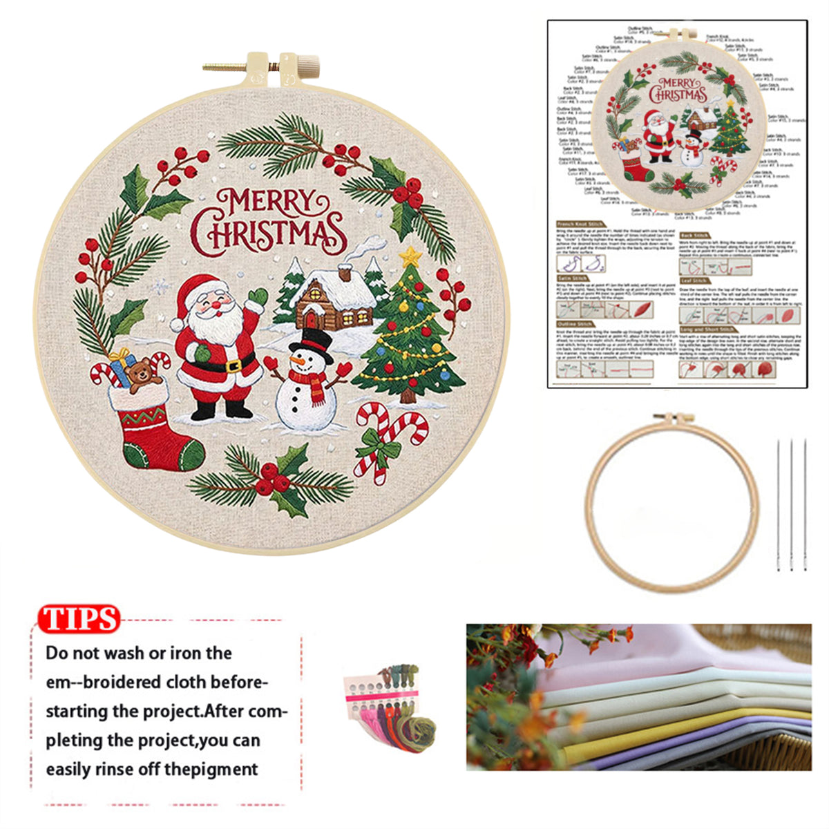 Christmas A - DIY Embroidery Cross Stitch Kit with Pattern Cotton Threads Needles Hoop 30×30CM/11.81×11.81in
