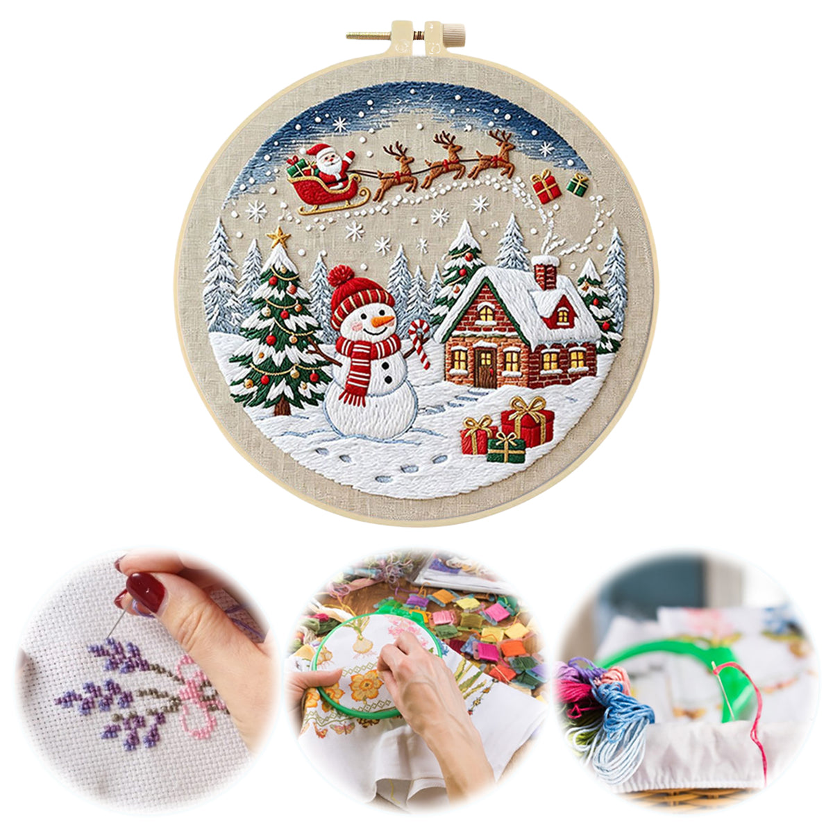 Christmas B - DIY Embroidery Cross Stitch Kit with Pattern Cotton Threads Needles Hoop 30×30CM/11.81×11.81in