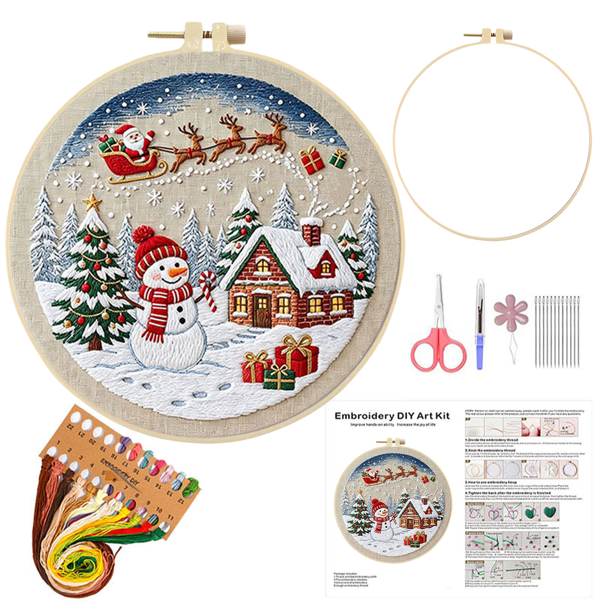 Christmas B - DIY Embroidery Cross Stitch Kit with Pattern Cotton Threads Needles Hoop 30×30CM/11.81×11.81in